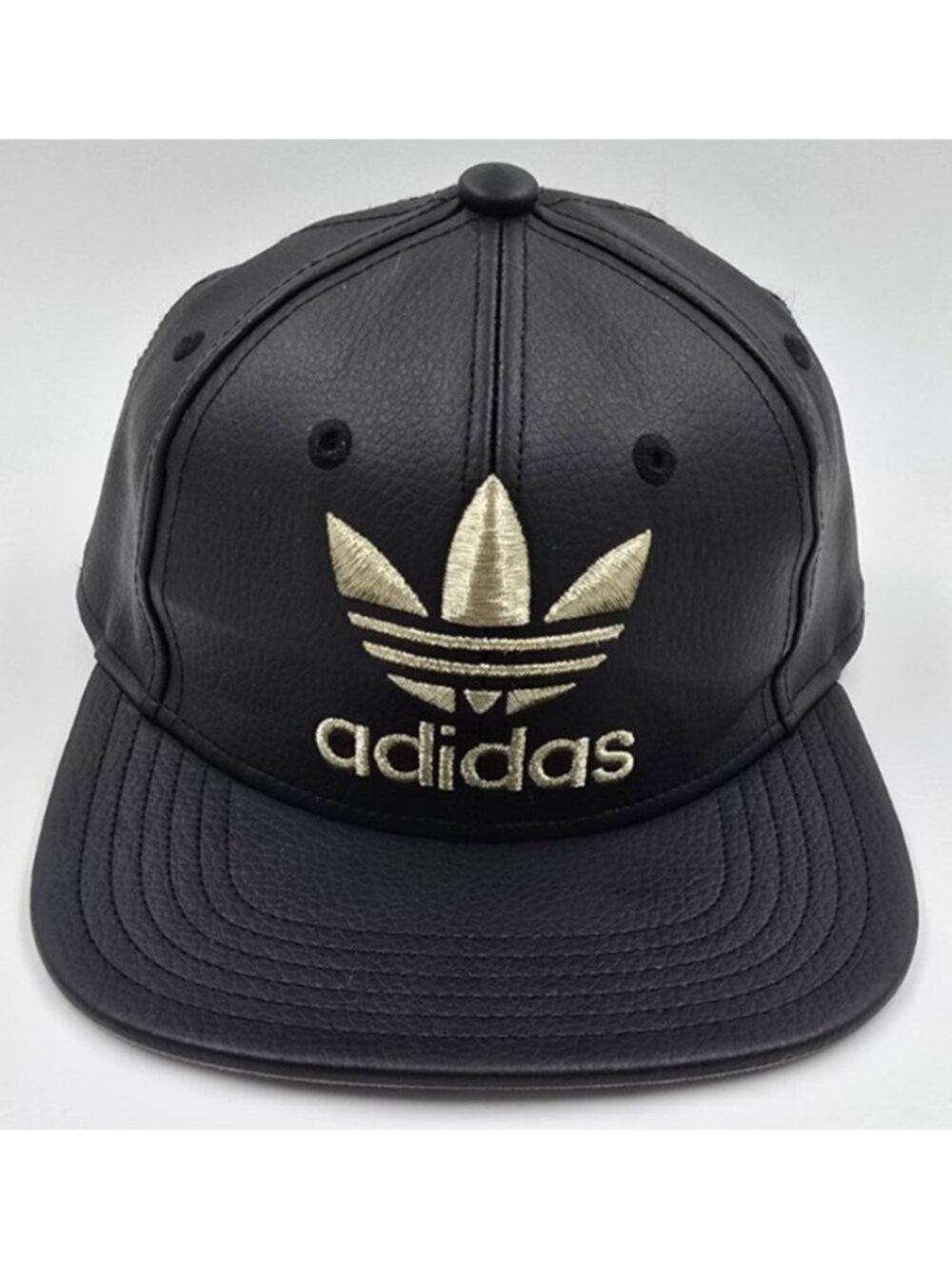 Adidas Black Faux Leather Chic Sporty Trefoil Snapback Women's Baseball Hat Cap
